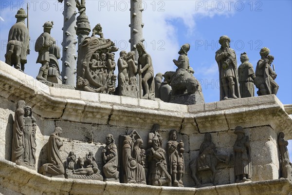 Stone reliefs Nativity, Adoration of the Magi, Flight into Egypt, Purgatory, Ecce Homo, Calvary Calvaire, Enclosed parish Enclos Paroissial de Pleyben from the 15th to 17th century, Finistere department, Brittany region, France, Europe