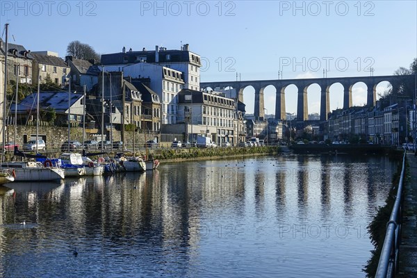 Harbour and viaduct of the Paris-Brest railway line, Morlaix Montroulez, department of Finistere Penn Ar Bed, Bretagne Breizh region, France, Europe