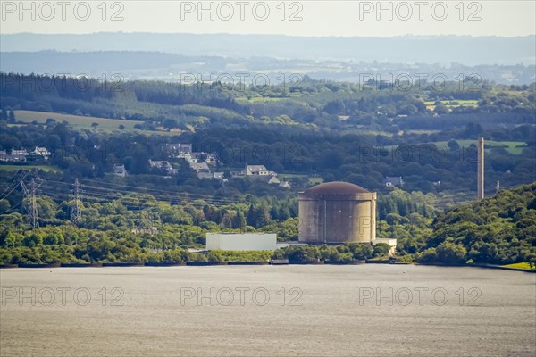 Former nuclear power plant Centrale nucleaire de Brennilis at the Reservoir de Saint-Michel, seen from Mont Saint-Michel de Brasparts, mountain range Monts d'Arree, department Finistere Penn ar Bed, region Bretagne Breizh, France, Europe