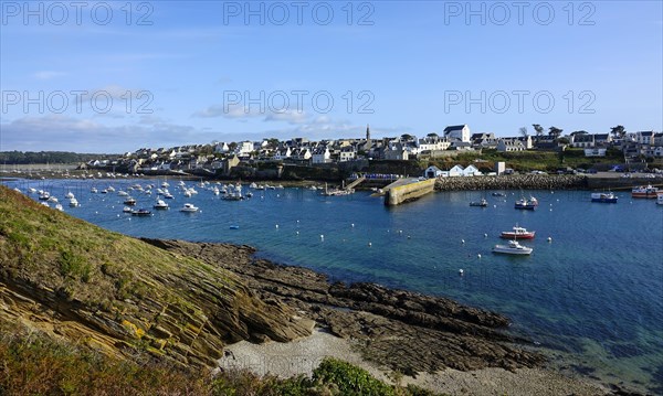 Harbour and commune of Le Conquet, seen from the Kermorvan peninsula, Finistere Pen ar Bed department, Brittany Breizh region, France, Europe