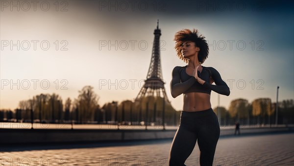 Woman athlete in Paris in sportswear against the background of the Eiffel Tower. Concept of the Olympic Games in France, AI generated