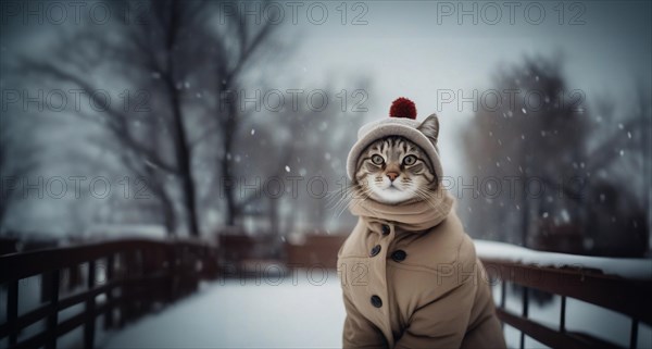 Cat in winter warm clothes in the winter on Snowy Street in the cold. The concept of warm clothes for the pet, AI generated