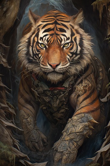 Close up of a tiger in fantasy multicolored style, AI Generated, AI generated