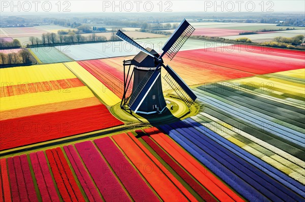 Aerial view of a Windmill in a colorful tulip field environment, The Netherlands, AI Generated, AI generated, Europe