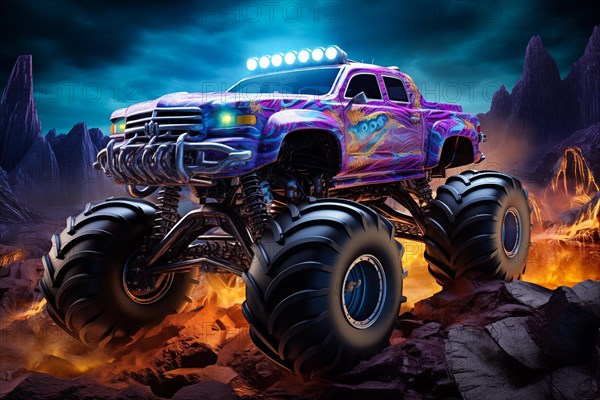 Monster truck illuminated by neon lights, excitement and thrill of an extreme sport and entertainment monster truck stunts racing show, AI generated