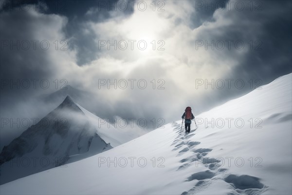 A mountaineer in mountains approaching a majestic snowy mountain peak amidst a snowfall and snow storm. Solitude and determination, adventure and challenge of climbing in extreme conditions, AI generated