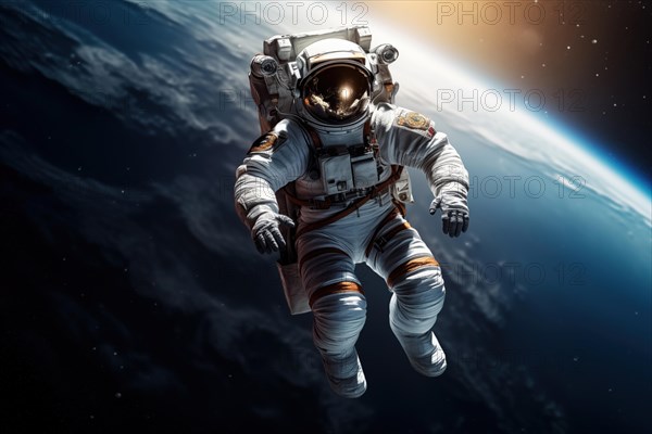 Astronaut Floating Above Earth in Space with extravehicular mobility unit and backpack. Wonder and awe of space exploration and science, AI generated