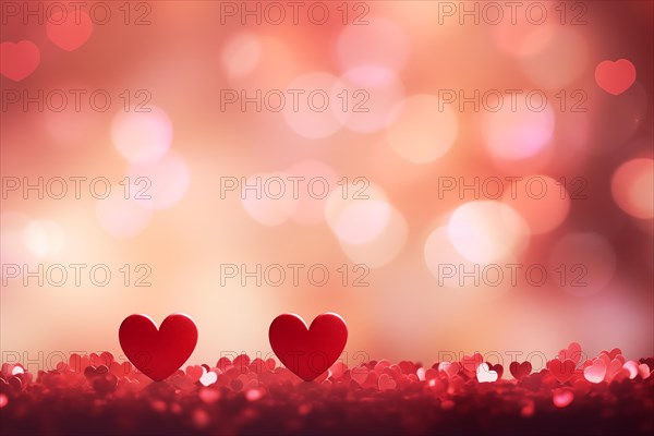 A beautiful and romantic background featuring two elegant red hearts against a soft, bokeh light effect, perfect for Valentine Day or any love-themed design, AI generated
