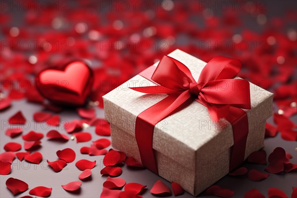 Valentine's Gift red gift box adorned with a soft pink ribbon, surrounded by heart-shaped confetti and a bokeh background. Feelings of love, affection, and surprise, AI generated