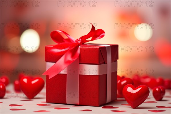Red gift box adorned with a silky bow, surrounded by radiant hearts illuminating a romantic atmosphere, perfect for Valentine's Day promotions or love-themed events, AI generated