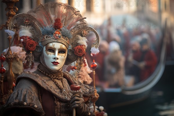 A person adorned in a richly detailed and colorful carnival costume, complete with an elaborate mask, participates in the iconic Venice Carnival, AI generated