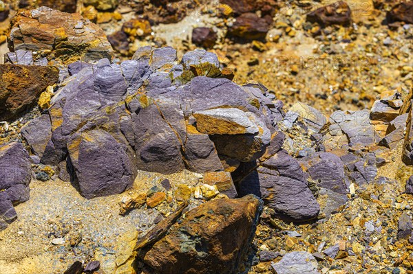 Ferrous rocks in the park of the former open-cast mine of Rio Marina, Elba, Tuscan Archipelago, Tuscany, Italy, Europe