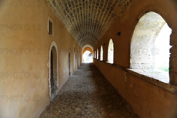 Path, corridor to the monks' cells, monastery church, Arkadi Monastery, Moni Arkadi, national monument, Crete, Greece, Europe