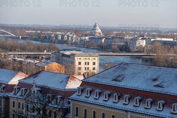 View across the Elbe to the Millennium Tower in the Elbauenpark, Magdeburg, Saxony-Anhalt, Germany, Europe