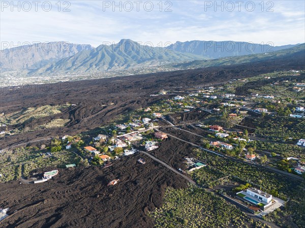 Aerial view of the lava flow of the Tajogaite volcano, Aridane, La Palma, Canary Islands, Spain, Europe