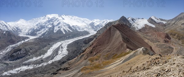 High mountain landscape with glacier moraines and glacier tongues, glaciated and snow-covered mountain peaks, Lenin Peak and Peak of the XIX Party Congress of the CPSU, Traveller's Pass, Trans Alay Mountains, Pamir Mountains, Osh Province, Kyrgyzstan, Asia