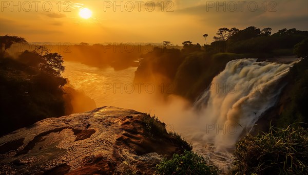 Sunset over a powerful Inga waterfall in the democratic republic of Congo with mist rising and the sky painted in warm hues, AI generated