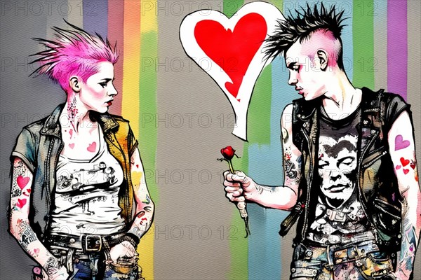 A punk couple with striking Mohawks and tattoos is depicted with a backdrop of colorful graffiti, AI generated