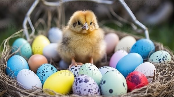 A chick stands amidst colorful Easter eggs in a basket, symbolizing spring and the Easter celebration AI generated