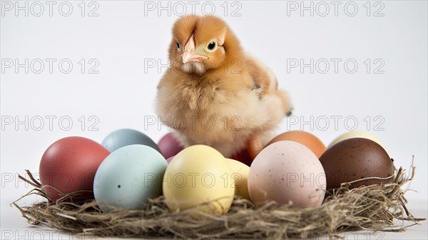 A cute chick perched on a nest with pastel-colored Easter eggs AI generated