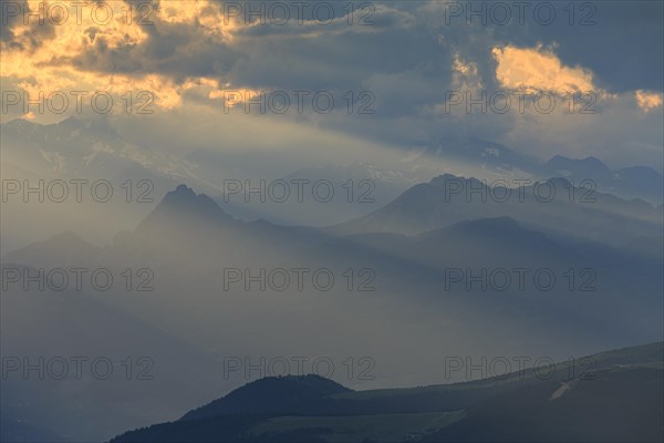 Thunderstorm mood over mountains, haze, grazing light, summer, Sarntal Alps, South Tyrol, Italy, Europe