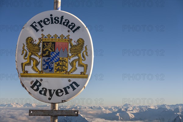 State sign, Free State of Bavaria, Zugspitze, winter, Garmisch-Partenkirchen, Bavaria, Germany, Europe