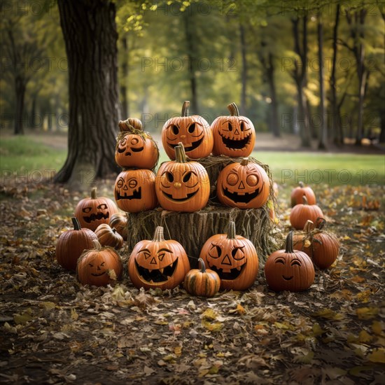 A collection of carved pumpkins in autumn mood, pumpkins with personality, AI-Generated & Photoshop, HobbyZone-Alpha, Haan, North Rhine-Westphalia, Germany, AI generated, Europe