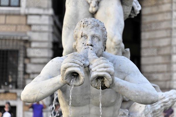 Triton blows into the shell, Fontana del Moro, Fountain of the Moors, Piazza Navona, Rome, Italy, Europe