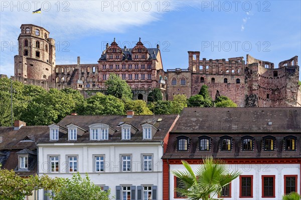 Karl square with the Academy of Science and a view to Heidelberg castle, Heidelberg, Baden Wurttemberg, Germany, Europe