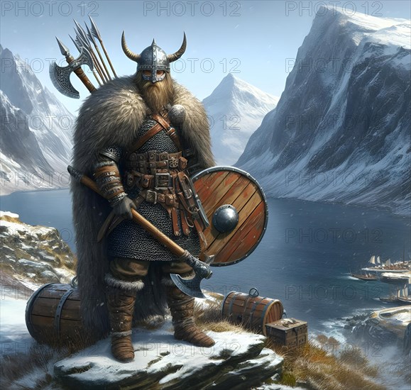 A bearded Viking warrior with helmet, shield and battle axe, AI generated, AI generated