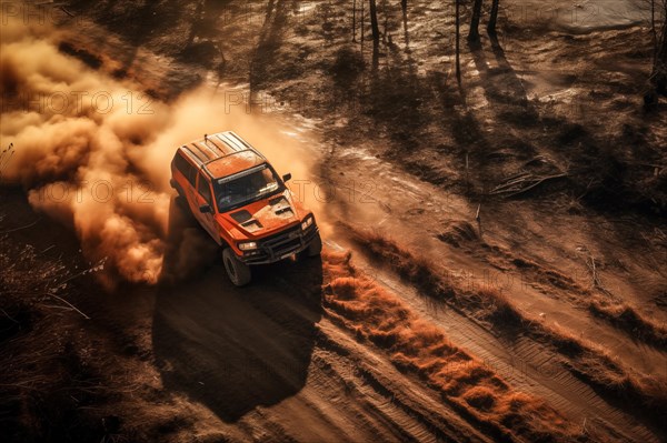 A dynamic aerial view of monster truck, with large tires, making its way off-road through rough terrain, kicking up dust and debris, AI generated