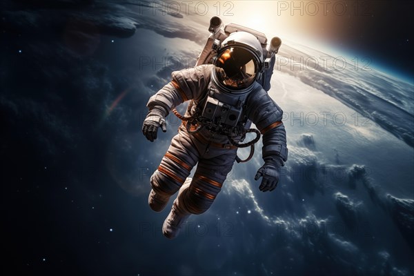 Astronaut Floating Above Earth in Space with extravehicular mobility unit and backpack. Wonder and awe of space exploration and science, AI generated