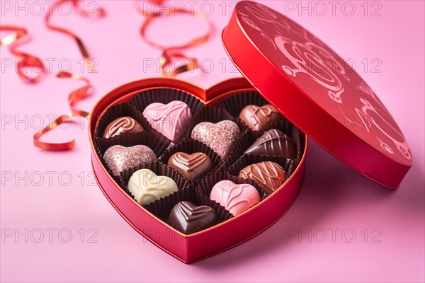 Heart-shaped box with a selection of finely crafted chocolates, perfect for Valentine's Day, on pink background. Feelings of love, sweetness and indulgence, AI generated