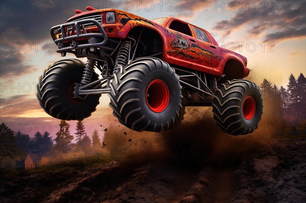 Monster truck driving and jumping outdoors amidst a cloud of dust. Thrill and adrenaline of an outdoor racing event on off-road terrain, AI generated