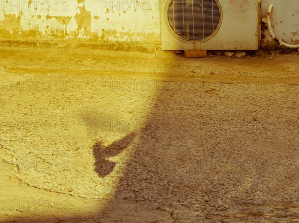 Shadow of a flying bird on sunny concrete driveway with old air conditioning unit and building wall in background