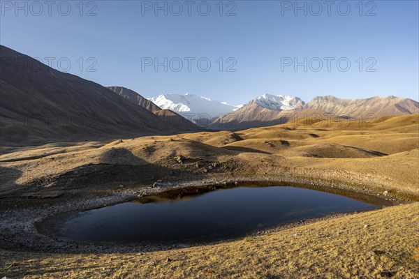White glaciated and snow-covered mountain peak Pik Lenin at sunrise, mountain landscape with golden hills and small lakes, Trans Alay Mountains, Pamir Mountains, Osh Province, Kyrgyzstan, Asia