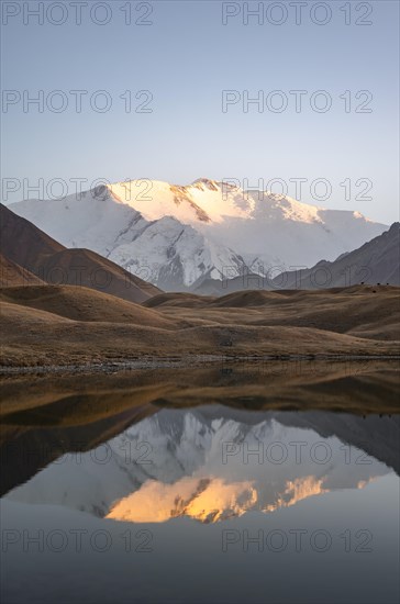 White glaciated and snowy mountain peak Pik Lenin at sunset, mountains reflected in a lake between golden hills, Trans Alay Mountains, Pamir Mountains, Osh Province, Kyrgyzstan, Asia