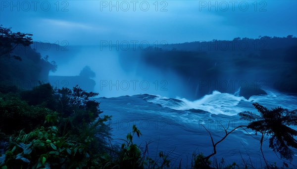 A serene twilight scene with a waterfall flowing from Inga fall in the democratic republic of Congo through rocks surrounded by trees, AI generated