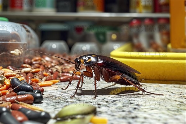 A cockroach (Blattodea) explores food in a kitchen, a common sign of a pest infestation, AI generated, AI generated