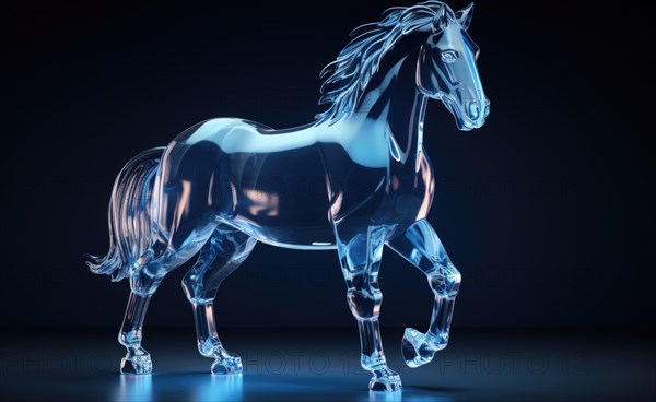 Ice sculpture of horse in dynamic pose. Beautiful horse ice figure AI generated