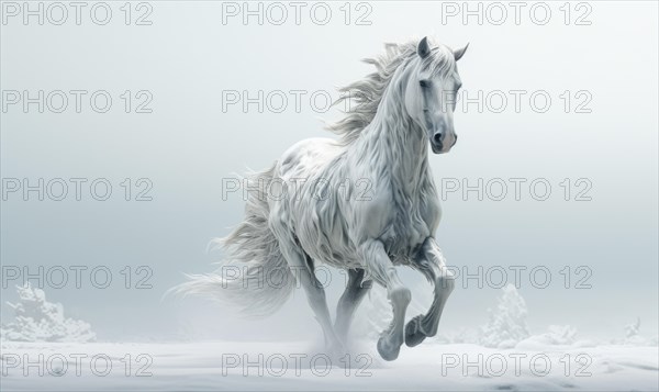 White horse with flying hair and splashes of water on white background. Frozen water splashes on background. Horse in dynamic pose AI generated