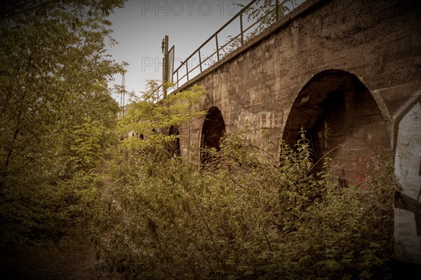 Old overgrown bridge arches in sepia-coloured tones, sign of abandonment, former Rethel railway junction, Lost Place, Flingern, Duesseldorf, North Rhine-Westphalia, Germany, Europe