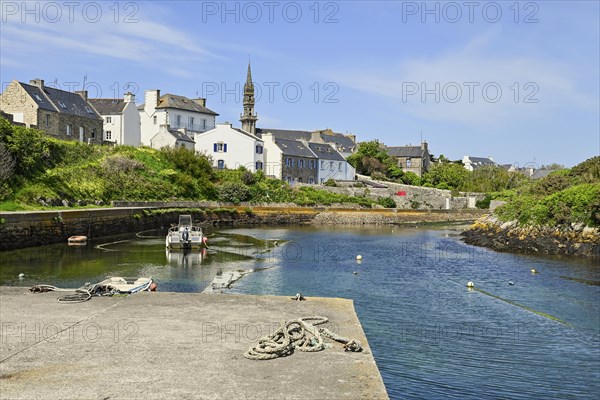 Boats in the small inland harbour of Lampaul, Ouessant Island, Finistere, Brittany, France, Europe