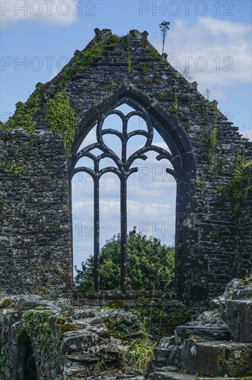 Ruins of the Eglise Saint-Pierre de Quimerch church in the abandoned old hamlet of Pont-de-Buis-les-Quimerch, Finistere Penn ar Bed department, Bretagne Breizh region, France, Europe