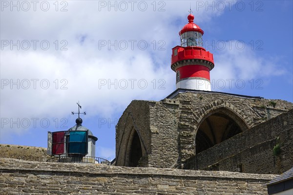 Ruins of the Saint-Mathieu abbey and lighthouse on the Pointe Saint-Mathieu, Plougonvelin, Finistere department, Brittany region, France, Europe