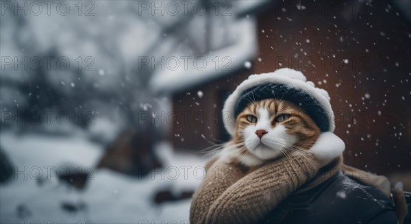 Cat in winter warm clothes in the winter on Snowy Street in the cold. The concept of warm clothes for the pet, AI generated