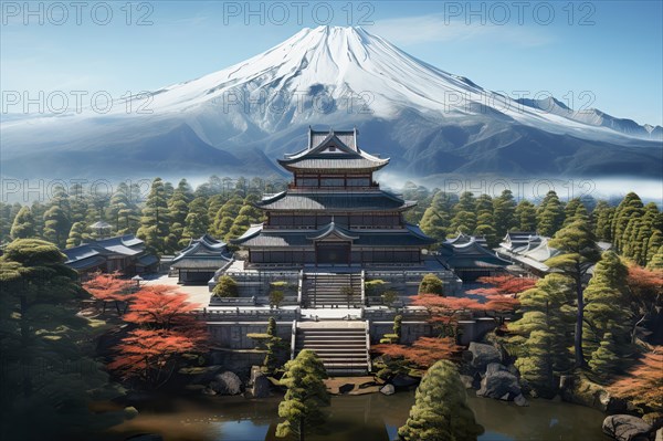 Shintoism Temple in front of Mount Fuji, Japan, AI Generated, AI generated, Asia