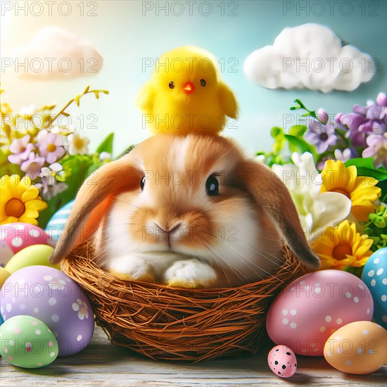 Easter, Easter festival, the Easter bunny sits with a chick in an Easter nest with colourful Easter eggs, AI generated, AI generated