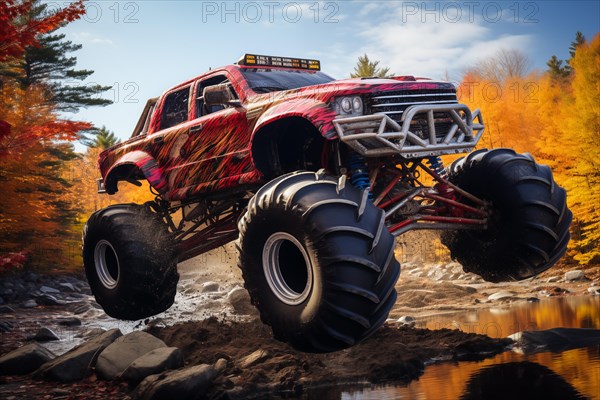 Monster truck driving and jumping outdoors amidst a cloud of dust. Thrill and adrenaline of an outdoor racing event on off-road terrain, AI generated