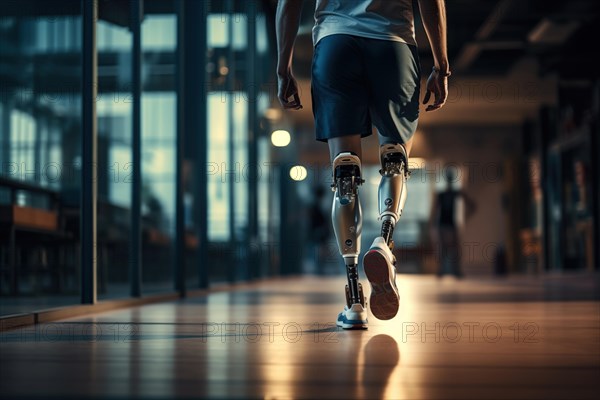 Amputee sportsman walking in corridor with bionic prosthetic legs prosthesis with robotic technology. Advancements in medical science and engineering, determination, strength, progress of the disabled, AI generated